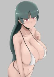  bikini breasts cleavage empty_eyes expressionless female_only femsub green_hair huge_breasts icontrol_(manipper) long_hair looking_at_viewer manip nao_(ritsancrossover) navel nintendo pokemon pokemon_let&#039;s_go red_eyes sabrina simple_background solo straight-cut_bangs swimsuit 