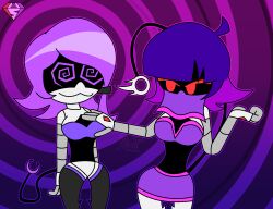  ahoge alternate_costume alternate_hairstyle bare_shoulders bisexual breast_expansion breast_grab dancer female_only femdom femsub happy_trance harem_outfit hypnoscream hypnotic_dance hypnotized_hypnotist large_breasts leggings memetic_control midriff milf multicolored_hair murder_drones nori_(murder_drones) pendulum pride_colors purple_eyes purple_hair red_eyes ring_background robot_girl shiny_hair short_hair skirt smile spiral_eyes standing story straight-cut_bangs tail transformation veil wide_hips yeva_(murder_drones) yuri 