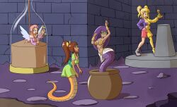 blonde_hair brown_hair cailey_(swankypajamas) female_only femdom femsub gold lina_(swankypajamas) marigold_(swankypajamas) mythkaz naga_girl original petrification pink_hair snake_girl tagme