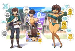  accidental_hypnosis bare_shoulders before_and_after belt bikini bimbofication boots border breasts brown_eyes brown_hair cape clothed collarbone comic dialogue doll dollification english_text erasethismail erect_nipples femsub glasses happy_trance high_heels humor hypnotic_accessory kazuma_satou knick_knack kono_subarashii_sekai_ni_shukufuku_wo! large_breasts lipstick malesub nipples one_breast_out pants resisting self_hypnosis shirt skirt smile smug speech_bubble sunglasses sunny_miami swimsuit tan_skin text tights transformation transgender tube_top v 