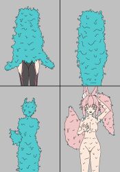 absorption alternate_form assimilation bare_shoulders bb_(fate/extra_ccc) blue_eyes breast_fondling breasts comic eye_color_change fate/extra_ccc fate/grand_order fate_(series) femsub fox_ears fox_girl fox_tail goddess grey_background holding_breasts justlooking727 koyanskaya large_breasts maledom midriff multicolored_eyes navel nude pink_eyes pink_hair possession ritsuka_fujimaru_(male) simple_background slime transformation very_long_hair