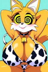  ai_art arms_behind_back blush cow_girl cow_print cowbell female_only femdom femsub fox_ears fox_girl fox_tail furry genderswap happy_trance large_breasts manip miles_tails_prower oscar044_(manipper) smile solo sonic_the_hedgehog_(series) spiralwash_eyes squatting tailsko 