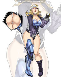  blonde_hair clothed emma_frost female_only femsub lipstick long_hair marvel_comics marvel_rivals panties pink_eyes red_lipstick simple_background solo talgatov underwear wedgie white_background x-men 