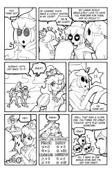 absurdres border bowsette breasts clothed comic crown dialogue dress english_text gameplay_mechanics gloves greyscale hair_covering_one_eye happy_trance heart_eyes high_heels horns jester jesturia jewelry long_hair mask multiple_girls new_super_mario_bros._u_deluxe nintendo open_mouth opera_gloves ponytail princess princess_daisy princess_peach princess_rosalina royalty shyguy speech_bubble spiralwash_eyes super_mario_bros. super_mario_galaxy tagme text transformation