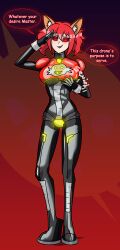 alternate_costume animal_ears aura black_eyes bodysuit breast_fondling breasts cleo_(bh_cleo) clothed costume dialogue dr_eggman dronification enemy_conversion english_text eyeshadow female_only femsub fox_ears glowing_eyes holding_breasts hy2300 large_breasts makeup original red_eyes red_hair solo sonic_the_hedgehog_(series) speech_bubble text tight_clothing uniform