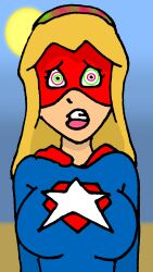 blonde_hair breasts cape dc_comics femsub hair_band large_breasts lipstick long_hair mask open_mouth pariahexilewrath ring_eyes simple_background stargirl super_hero supergirl superman_(series) transformation unhappy_trance