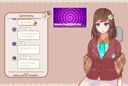  brown_hair clothed dazed drool expressionless female_only femsub flower_in_hair hana_macchia hypnotic_screen jacket livestream long_hair nijisanji sitting spiral text tie undressing user_interface virtual_youtuber zires 