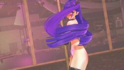 3d animated ass bare_shoulders choker cleavage clothed_exposure crotch_tattoo dancer dancing gloves kara_kikai koikatsu! large_breasts latex looking_at_viewer mirror opera_gloves pole_dancing purple_eyes rubber shoes side_ponytail sling_bikini smile tattoo thighhighs very_long_hair video