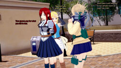  3d blonde_hair erza_scarlet fairy_tail femdom femsub happy_trance himiko_toga large_breasts long_hair lucy_heartfilia my_hero_academia red_hair sonrio12 text 