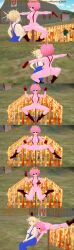 absurdres black_sclera blonde_hair breasts closed_eyes dialogue english_text female_only femdom femsub green_hair himiko_toga horns horokeu human_furniture long_hair mina_ashido multiple_girls multiple_subs my_hero_academia nipples nude open_mouth orange_eyes pink_hair pink_skin scarecrow_girl short_hair suspenders text tongue tongue_out tsuyu_asui v 