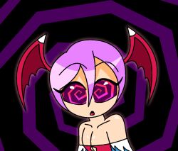 aura bare_shoulders breasts capcom cleavage darkstalkers female_only femsub halloween hypnoscream lilith_aensland looking_at_viewer open_mouth purple_hair short_hair small_breasts solo spiral_background spiralwash_eyes succubus wings