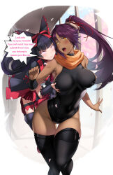  arm_warmers bangs bare_shoulders black_hair bleach blush bow breast_grab breasts dark_skin dialogue empty_eyes female_only femdom femsub frills gainoob gate glowing glowing_eyes groping hair_ornament hair_ribbon holding_breasts huge_breasts large_hips leotard light_skin long_hair manip misterman4_(manipper) multiple_girls open_mouth ponytail purple_hair rory_mercury scarf simple_background smile speech_bubble spiral_eyes standing straight-cut_bangs symbol_in_eyes tagme text thighhighs white_background yellow_eyes yoruichi_shihoin 