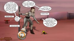  bb-8 brown_eyes brown_hair cleavage clothed dalo_knight dc_comics dialogue rey_(star_wars) robot skeets star_wars text 
