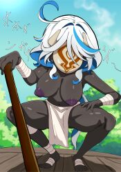 ahoge alternate_color_scheme alternate_costume black_skin blue_hair breasts cleavage corruption enbitonbi enemy_conversion femsub furina_(genshin_impact) genshin_impact hilichurl_(genshin_impact) large_breasts looking_at_viewer mask midriff multicolored_hair navel nipples outdoors squatting staff text translation_request white_hair