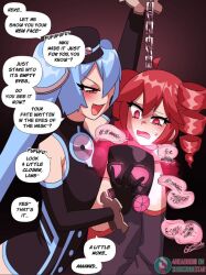  4headboiii breast_press chains collar dronification femdom femsub gas_mask hypnotic_gas leash mask miku_hatsune spiral spiral_eyes symbol_in_eyes teto_kasane text topless utau vocaloid 