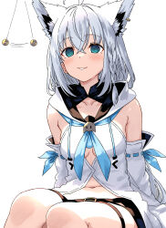  ahoge animal_ears arm_warmers bangs bare_shoulders blue_eyes blush braid coin collarbone daelriibres femsub fubuki_shirakami happy_trance hololive kitsune_girl long_hair navel pendulum shorts simple_background sitting smile spiral_eyes underboob virtual_youtuber white_background white_hair 