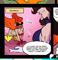 breasts brown_hair dc_comics dialogue english_text faceless female_only femdom femsub hawkgirl kneeling large_breasts orange_hair pet_play preview senseless_squirrel speech_bubble super_hero text thighhighs wings zatanna_zatara 