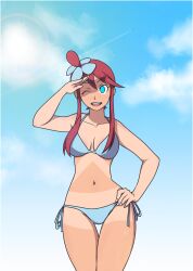  bikini blue_eyes breasts cleavage collarbone cooltrainerclayton dark_skin female_only femsub hand_on_hip icontrol_(manipper) large_breasts manip navel nintendo open_mouth pokemon pokemon_black_and_white red_hair saluting skyla smile solo spiral_eyes standing swimsuit symbol_in_eyes tan_lines 
