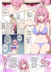 arm_levitation dialogue etlabsotwe femsub large_breasts maledom minami_kotobuki oshi_no_ko pink_hair swimsuit text