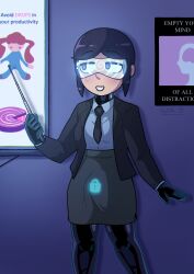  advertisement black_hair blue_background blush bodysuit brown_eyes bulge clothed drone edith_is_dead eyebrows_visible_through_hair female_only femsub glowing happy_trance iris_azure jacket latex long_hair null_bulge office_lady original red_hair sequence shoes short_hair skirt small_breasts smile solo spiral t-shirt tech_control tie tight_clothing twintails visor 