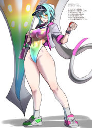 blue_hair c_usui femsub happy_trance hat japanese_text leotard malamar malamar_outfit mega_malamar nintendo open_mouth original pokeball pokemon pokemon_(creature) pokemon_legends_z-a pokemon_trainer ring_eyes short_hair smile swimsuit text translation_request yellow_eyes