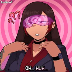  aware brown_eyes brown_hair brushie_art character_request choker collarbone confused earrings eyebrows_visible_through_hair female_only femsub jacket long_hair multicolored_hair pink_background red_eyes red_hair ring_background solo spiral sweat t-shirt tan_skin tattoo text visor weak_resistance wrist_watch 
