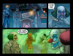  batman_(series) clown comic dc_comics dialogue english_text femdom green_skin gun happy_trance hypnotic_gas jacket malesub multiple_boys multiple_subs official pheromones plant plant_girl poison_ivy red_hair speech_bubble text 