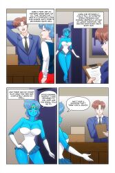 absurdres bare_shoulders blue_eyes blue_hair blue_skin boots breasts brown_eyes brown_hair cleavage comic david_smith_(daveyboysmith9) empty_eyes femsub gloves happy_trance large_breasts maledom opera_gloves original sailor_mercury sailor_moon_(series) smile text wadevezecha