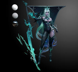 alternate_costume blue_lipstick body_markings breasts coast_leather control_indicator crossover crown expressionless eye_color_change facial_markings femsub floating green_eyes green_hair hair_color_change large_breasts league_of_legends lipstick makeup multicolored_hair nier_automata possession ruination smoke square_enix standing sword thighhighs thighs very_long_hair viego_(league_of_legends) weapon white_hair yorha_type_a_no._2