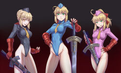 ahoge alternate_color_scheme alternate_costume angra_mainyu artoria_pendragon aura beret blonde_hair blush breasts capcom clothed corruption crossover erect_nipples erect_nipples_under_clothes evil_smile expressionless eye_color_change fate/grand_order fate/stay_night fate/stay_night_heaven&#039;s_feel fate_(series) femsub fingerless_gloves gloves green_eyes hair_color_change hand_on_hip happy_trance hat leebigtree leotard looking_at_viewer platinum_blonde_hair possession saber saber_alter saber_lily shadaloo_dolls short_hair simple_background smile street_fighter sword thighs tie tongue tongue_out weapon yellow_eyes