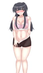 absurdres black_hair blush breasts earrings femsub fuyuko_mayuzumi gym_uniform hypnotic_accessory jewelry large_breasts long_hair rinne_pai smile spiral_eyes standing sweat symbol_in_eyes the_idolm@ster the_idolm@ster:_shiny_colors wet_clothes