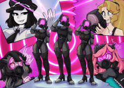  aztromelie black_hair blonde_hair blue_eyes bodysuit breasts cap cid_(not-a-soda) clothed dronification english_text female_only femdom femsub hat high_heels izzy_the_mine kaylee_jackson large_breasts long_hair multiple_girls multiple_subs original pink_hair ponytail saluting selina_(not-a-soda) short_hair spiral spiral_background sweat text tie tight_clothing very_long_hair 