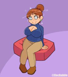  breasts cleavage cleavage_cutout clothed dazed drool earrings elecbabble female_only femsub hair_buns happy_trance huge_breasts milf mommy original red_hair single_hair_bun sitting solo spiral_eyes svetta_(svettak92) sweater symbol_in_eyes thick_thighs 