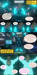  3d before_and_after blonde_hair blue_eyes bodysuit breasts comic corruption denial dialogue dochaunt hypnotic_liquid large_breasts metroid_(series) muscle_girl nintendo restrained samus_aran sleeping syringe text watermark zero_suit 