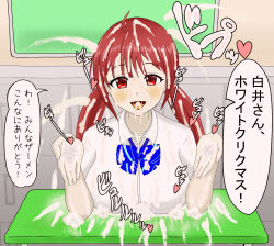  absurdres altered_common_sense breasts collarbone cum cum_in_mouth cum_on_face cum_on_hair dialogue female_only femsub happy_trance huge_breasts long_hair mitsuo_kito original red_eyes red_hair ribbon school_uniform solo text translation_request unaware 