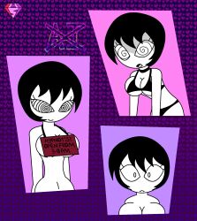  advertisement androgynous_dom bare_shoulders black_hair bra choker cleavage convenient_censoring drool english_text expressionless eyelashes femsub happy_trance heart hypnoscream jucika jucika_(series) large_breasts leaning_forward looking_at_viewer multiple_methods_of_hypnosis nude open_mouth panties pov_dom ring_eyes short_hair sign signature simple_background solo spiralwash_eyes swimsuit white_eyes white_hair 