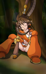  absurdres bikini_armor bottomless brown_hair crossover disney elf elf_ears forest kaa nowa_(queens_blade) outdoors pussy queens_blade renaissanceofchaos sitting sleeping snake staff tail the_jungle_book trees twintails weapon 
