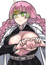  bloodhood cape demon_slayer empty_eyes exposed_chest expressionless female_only femsub green_eyes heart heart_hands holding_breasts large_breasts long_hair manip mitsuri_kanroji mole multicolored_hair no_bra one_breast_out pendulum pink_hair simple_background solo twin_braids twintails uniform 