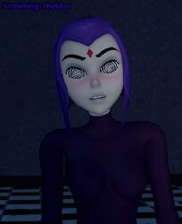 3d blush dc_comics female_only femsub grey_skin hypnoscream looking_at_viewer purple_hair raven short_hair spiral_eyes teen_titans
