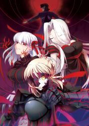  alternate_costume angra_mainyu armor artoria_pendragon atuo31 aura bare_shoulders body_markings closed_eyes corruption dark_sakura dress empty_eyes evil_smile expressionless eye_color_change facial_markings fate/stay_night fate/stay_night_heaven's_feel fate/zero fate_(series) femsub hair_color_change harem irisviel_von_einzbern kirei_kotomine long_hair looking_at_viewer milf multiple_girls multiple_subs orb platinum_blonde_hair possession red_eyes ribbon saber_alter sakura_matou short_hair smile thighs very_long_hair visor white_hair yellow_eyes 