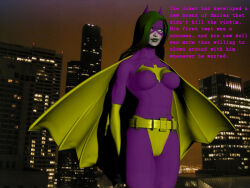 3d batgirl batman_(series) corruption dc_comics femsub green_hair happy_trance hypnotic_gas poser super_hero text transformation western