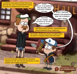  brown_hair clothed dalo_knight dialogue dipper_pines gravity_falls gun hypnotic_accessory male_only maledom malesub sexism text tyler_cutebiker 