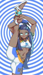  aqua_eyes bike_shorts black_hair dark_skin drool earrings female_only gloves hair_buns makeup makino_harumaki manip multicolored_hair navel necklace nessa_(pokemon) nintendo open_mouth pokemon pokemon_sword_and_shield sandals single_hair_bun spiral spiral_background spiral_eyes spiraleditor_(manipper) standing_split 