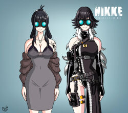 alerith bare_shoulders black_hair breasts cleavage clothed d_(nikke) dress english_text female_only femsub goggles gradient_background happy_trance hypnotic_accessory hypnotic_clothing k_(nikke) large_breasts long_hair multicolored_hair nikke_(series) smile text white_hair 
