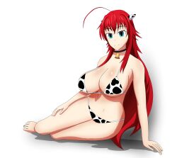  absurdres barefoot blue_eyes breasts cleavage cow_girl cow_print cowbell empty_eyes fake_animal_ears happy_trance high_school_dxd huge_breasts large_breasts red_hair rias_gremory soex tagme white_background 