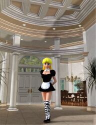  3d blonde_hair blue_eyes breasts hypno-tato maid short_skirt skirt socks standing 