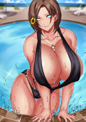  bent_over breasts brown_hair character_request cleavage coin earrings female_only femsub geng glowing glowing_eyes hanging_breasts happy_trance huge_breasts jewelry large_hips looking_at_viewer manip milf misterman4_(manipper) necklace original pendulum pool short_hair sling_bikini smile solo spiral_eyes swimsuit symbol_in_eyes wet 
