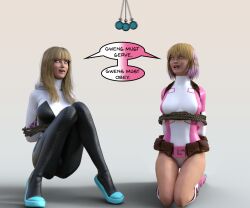 3d bondage dialogue drool female_only femsub gwen_poole gwen_stacy gwenpool happy_trance kneeling marvel_comics pocket_watch rope spider-gwen spiral_eyes super_hero symbol_in_eyes text theheckle