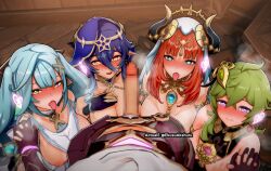  3d aether_(genshin_impact) akasha_terminal bangs bare_shoulders blue_eyes blush breasts breasts_outside censored clothed_exposure collei_(genshin_impact) cyan_eyes cyan_hair drill_hair earpiece ekusuakshuru elf_ears erection faruzan_(genshin_impact) femsub genshin_impact green_hair happy_trance harem headdress heart_eyes heterochromia holding_hands horns kneeling large_breasts layla_(genshin_impact) looking_at_viewer maledom multiple_girls multiple_subs nilou_(genshin_impact) nipples open_mouth penis pink_eyes red_hair signature smile straight-cut_bangs symbol_in_eyes tech_control tongue tongue_out twintails yellow_eyes 