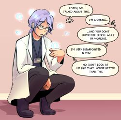  brushie_art butterfly crouching dialogue glasses glowing hypnotic_creature id_card lab_coat lilac_(brushie_art) male_only original purple_hair speech_bubble 